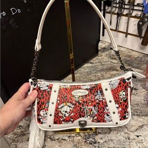 Ed Hardy White & Red Leopard Print Baguette Bag with crossbody